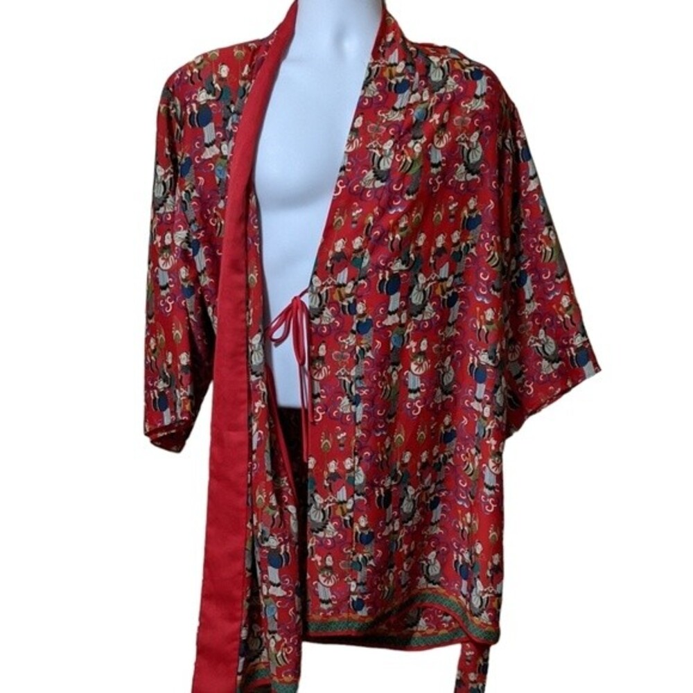 Josie Natori red novelty print belted kimono robe house coat, night wear size S - Picture 8 of 10